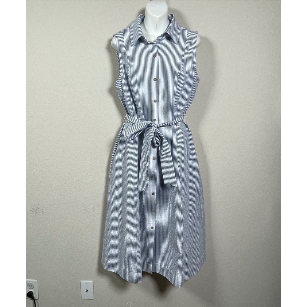 Anne Klein Seersucker Shirtdress Coastal Nautical 14 Blue White Stripe Midi